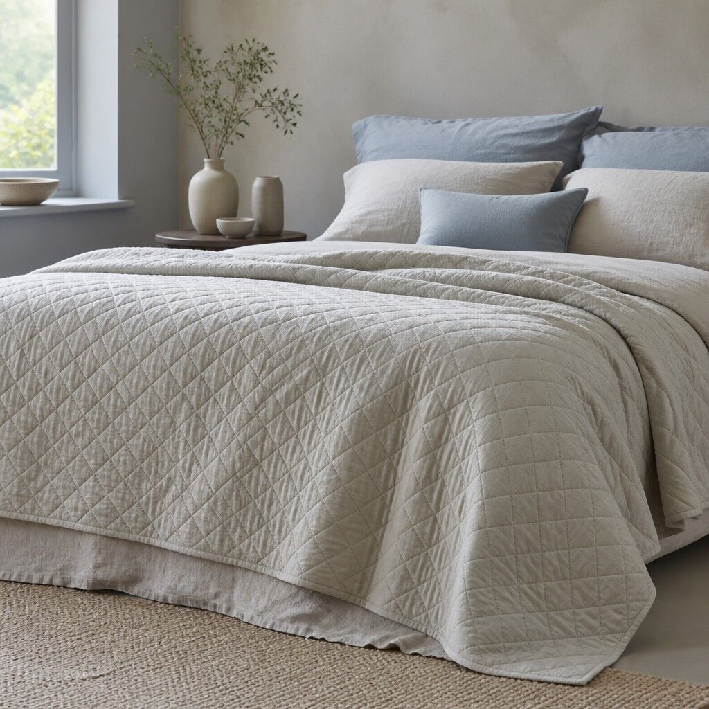 Quilted cotton bedspread across a bed in daylight